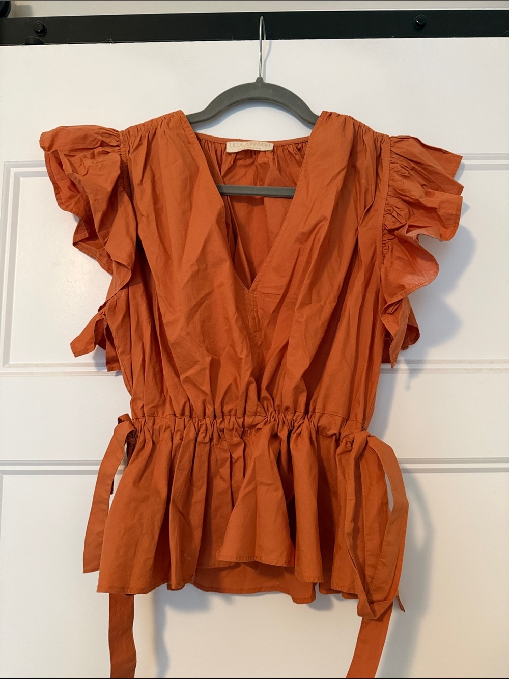 Ulla Johnson Rust Orange Ruffle-Sleeve Peplum Top